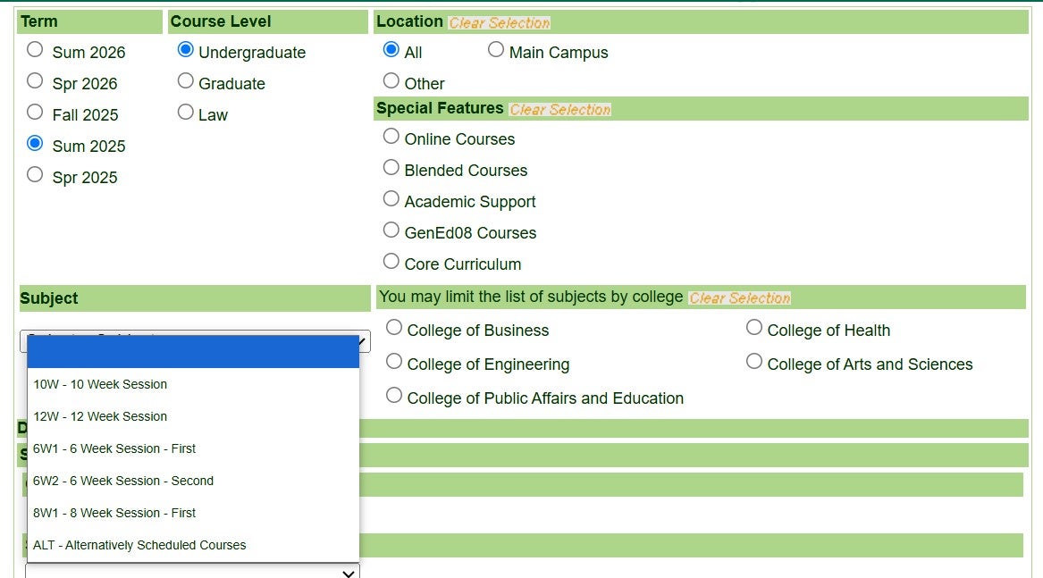 Accessing the Summer Sessions Drop Down menu when searching for classes via Term