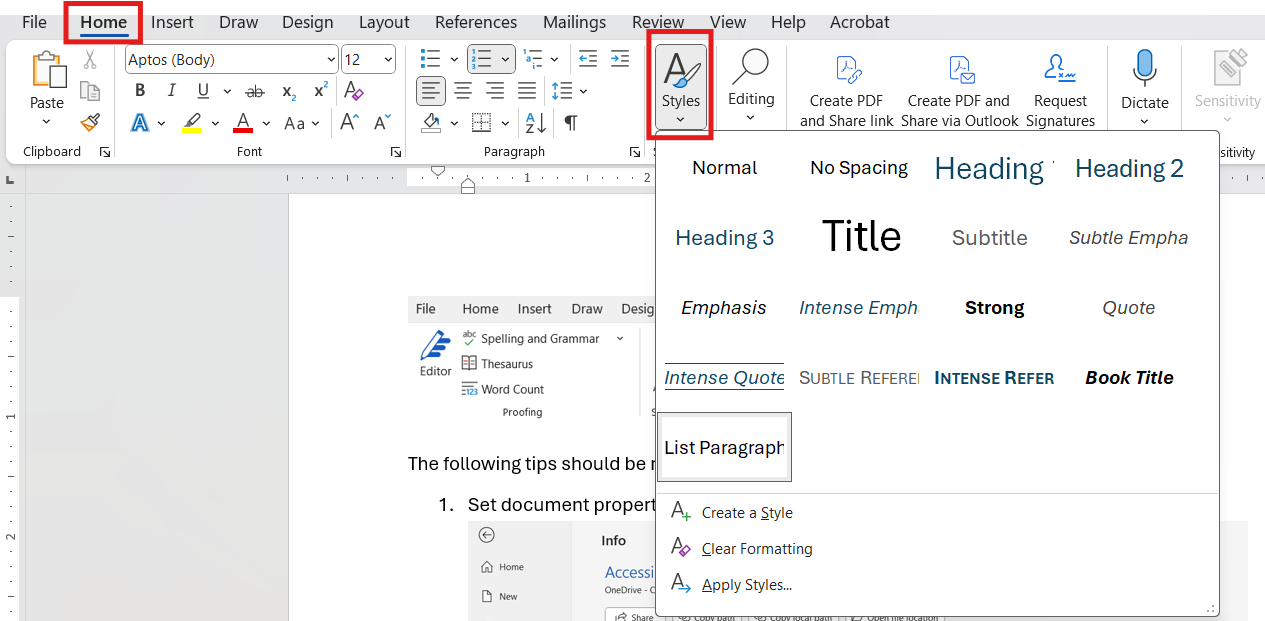 Click on Home then Styles to display formatting styles. 