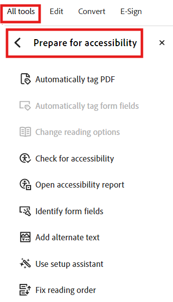 Adobe Acrobat tools listed under Prepare for accessibility.  