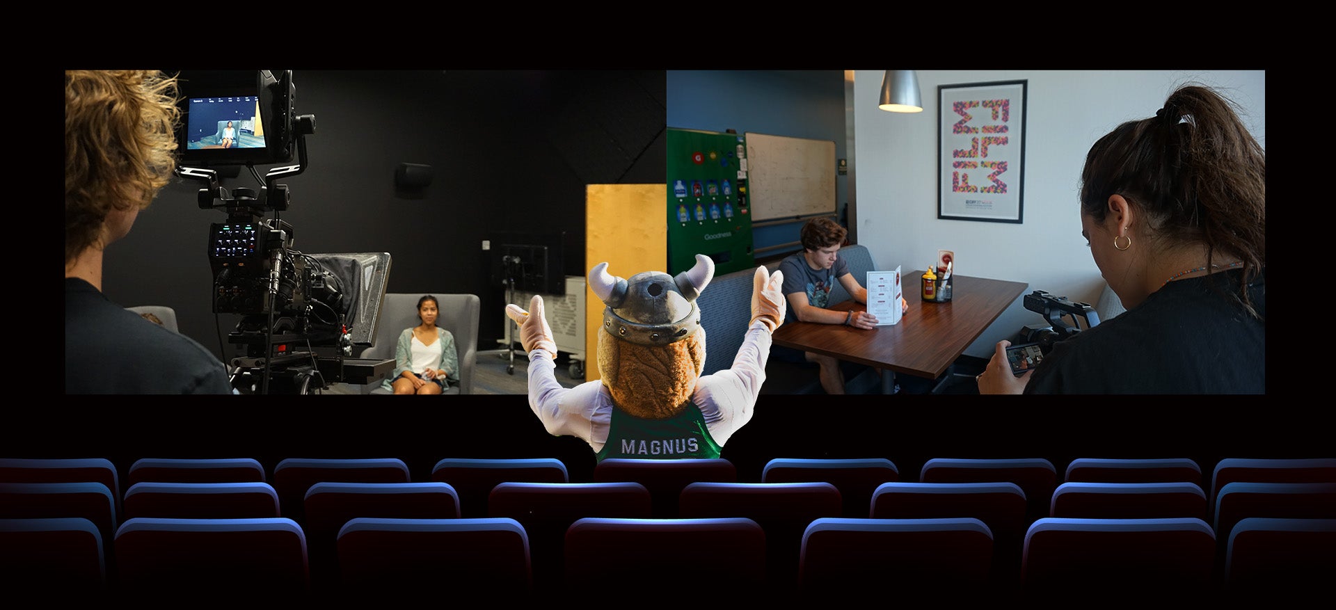 CSU mascot, Magnus watching Odyssey camp film from theater