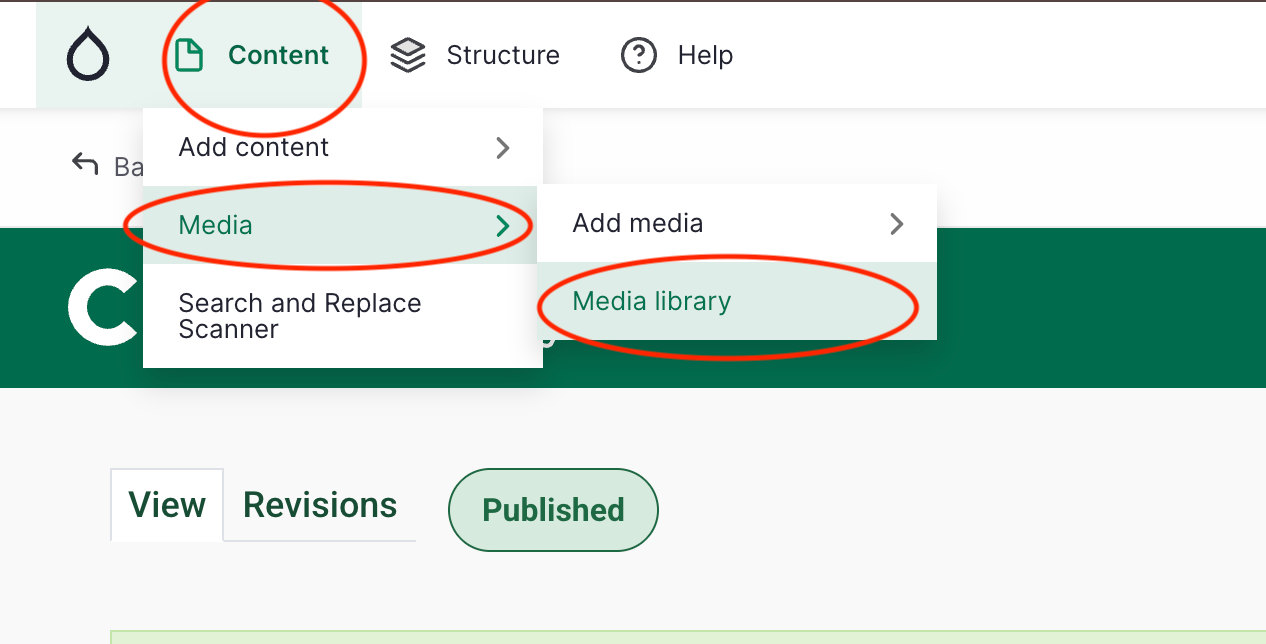 Navigate to the media library through the menu. Content, Media, Media Library