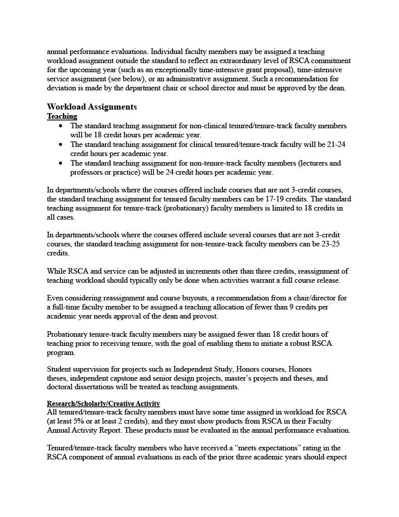 Text Document containing the workload assignments for teaching, along with Research/Scholarly/Creative Activity 