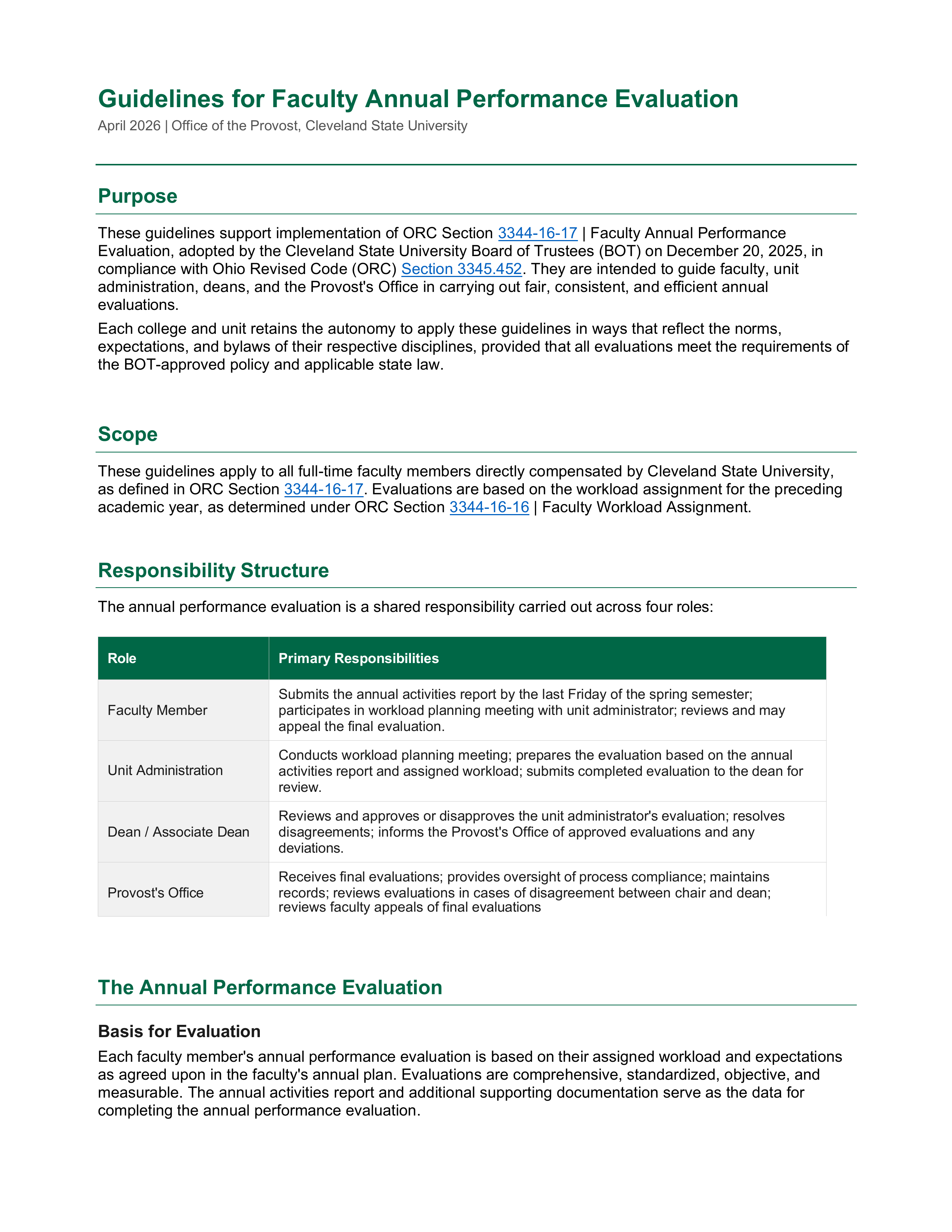 A basic document reviewing the guidelines and responsibilities for faculty performance evaluations.