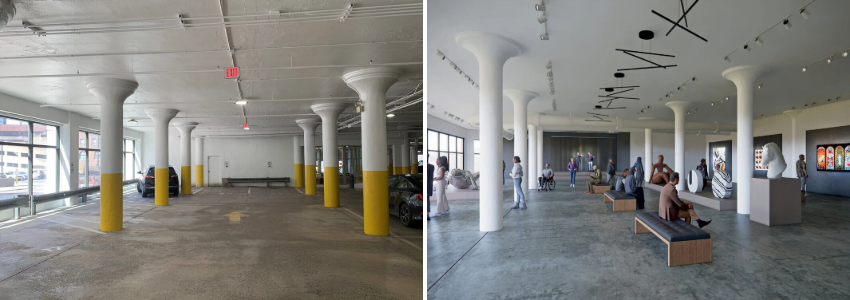 Before and after photos of the proposed Galleries at East 13th St