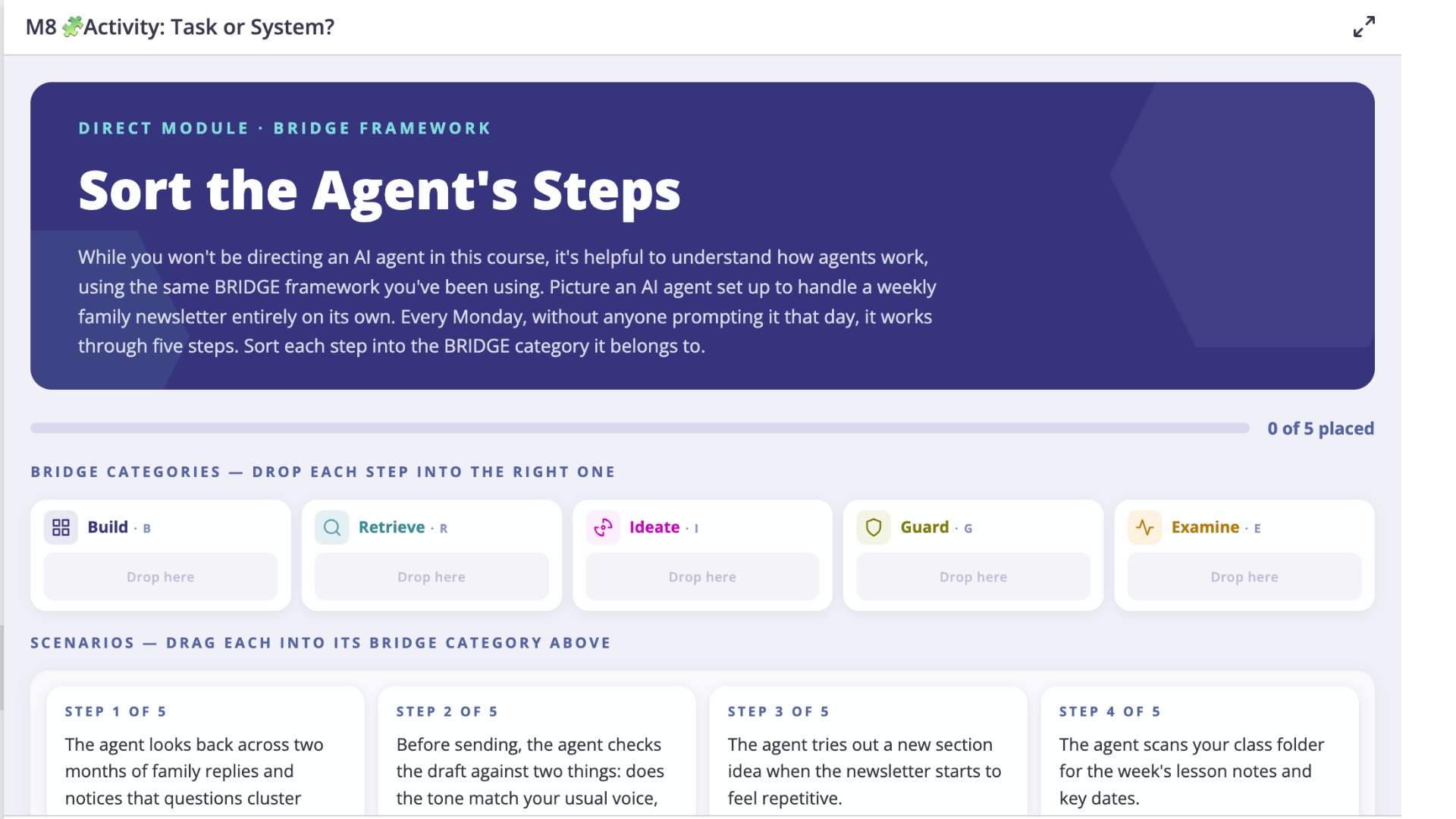 Course activity example Sort The Agent's Steps