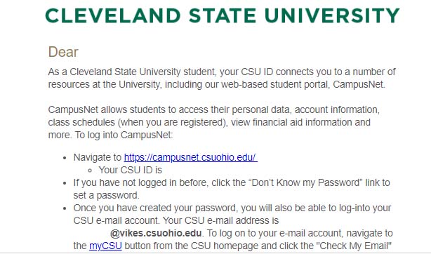 Sample email from CSU providing you with your CSU ID# and How to log in to CampusNet