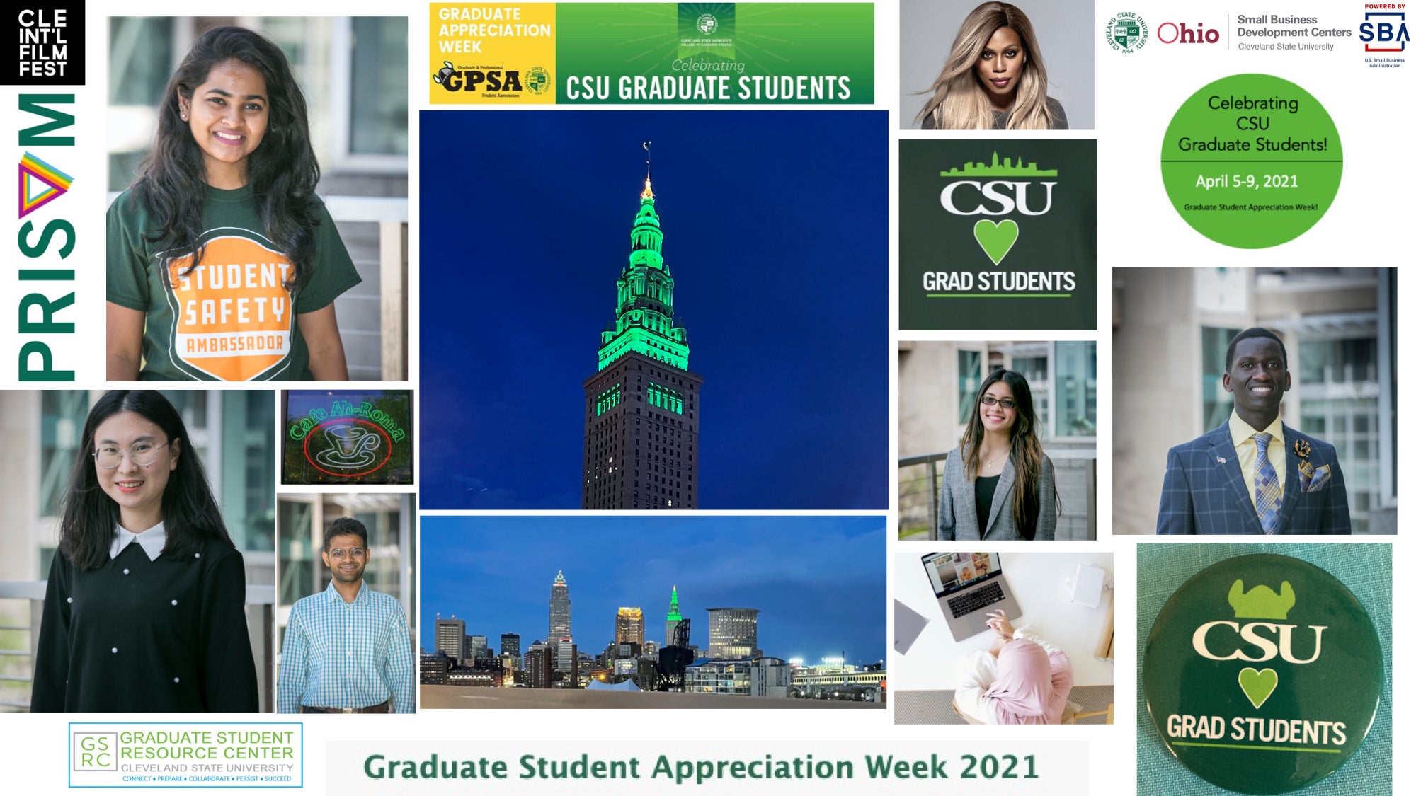 GSAW Collage Collage that highlights events from GSAW 2021. It includes photos of graduate students, terminal tower, logos, and advertisement art from the week.
