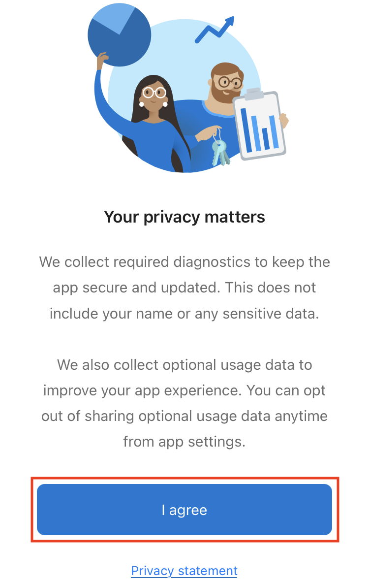 Screenshot of Microsoft Authenticator app displaying a privacy policy with the Agree button emphasized