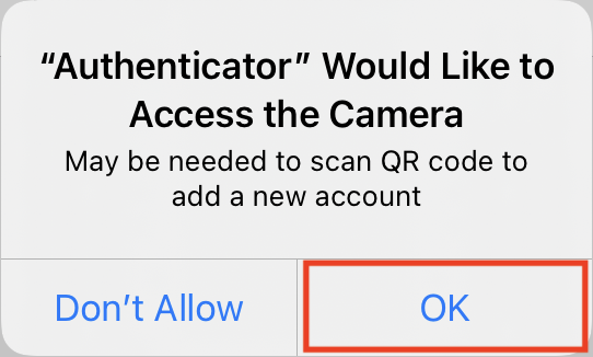 Screenshot of Microsoft Authenticator app for iOS prompting for camera permissions with the Allow button emphasized