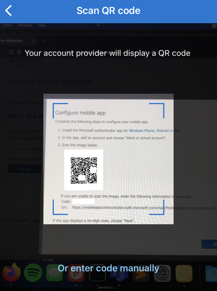 Screenshot of Microsoft Authenticator app scanning a QR code displayed on a computer screen