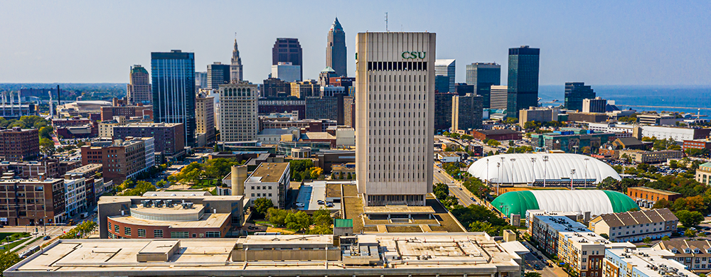 aerial view of Cleveland State University campus and downtown Cleveland