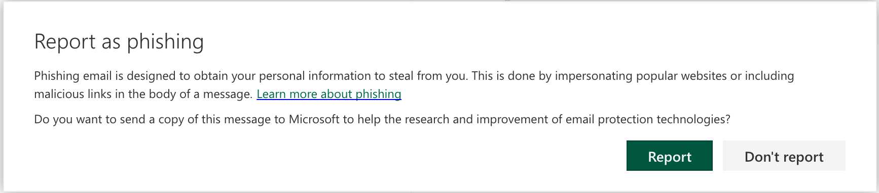 Report phishing dialog