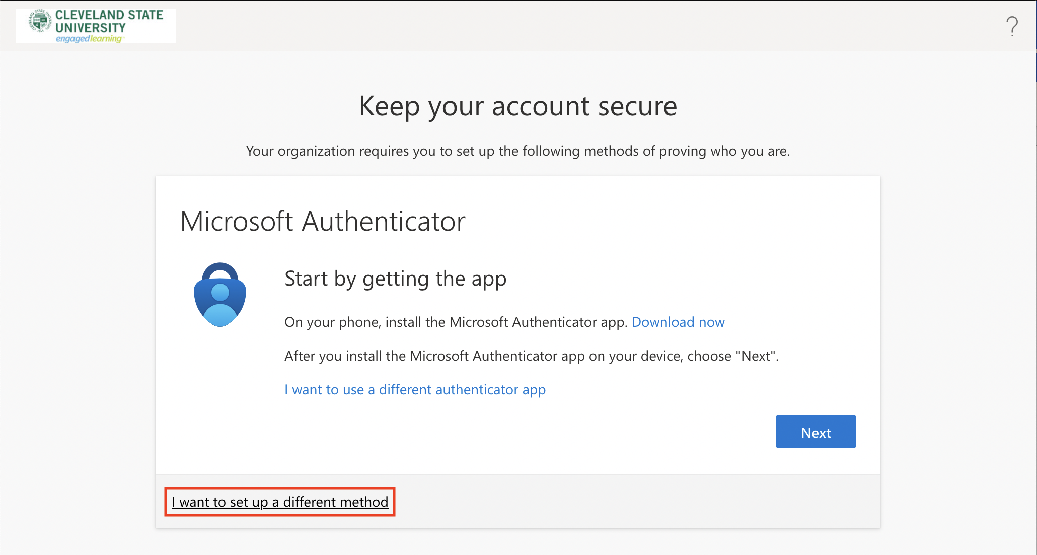 Screenshot of Microsoft MFA enrollment screen with the I want to use a different method link emphasized