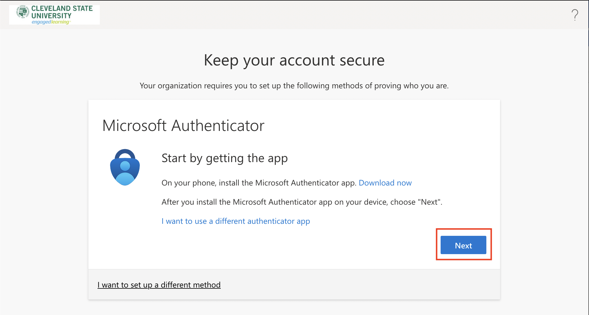 Screenshot of Microsoft MFA enrollment screen with the Next button emphasized