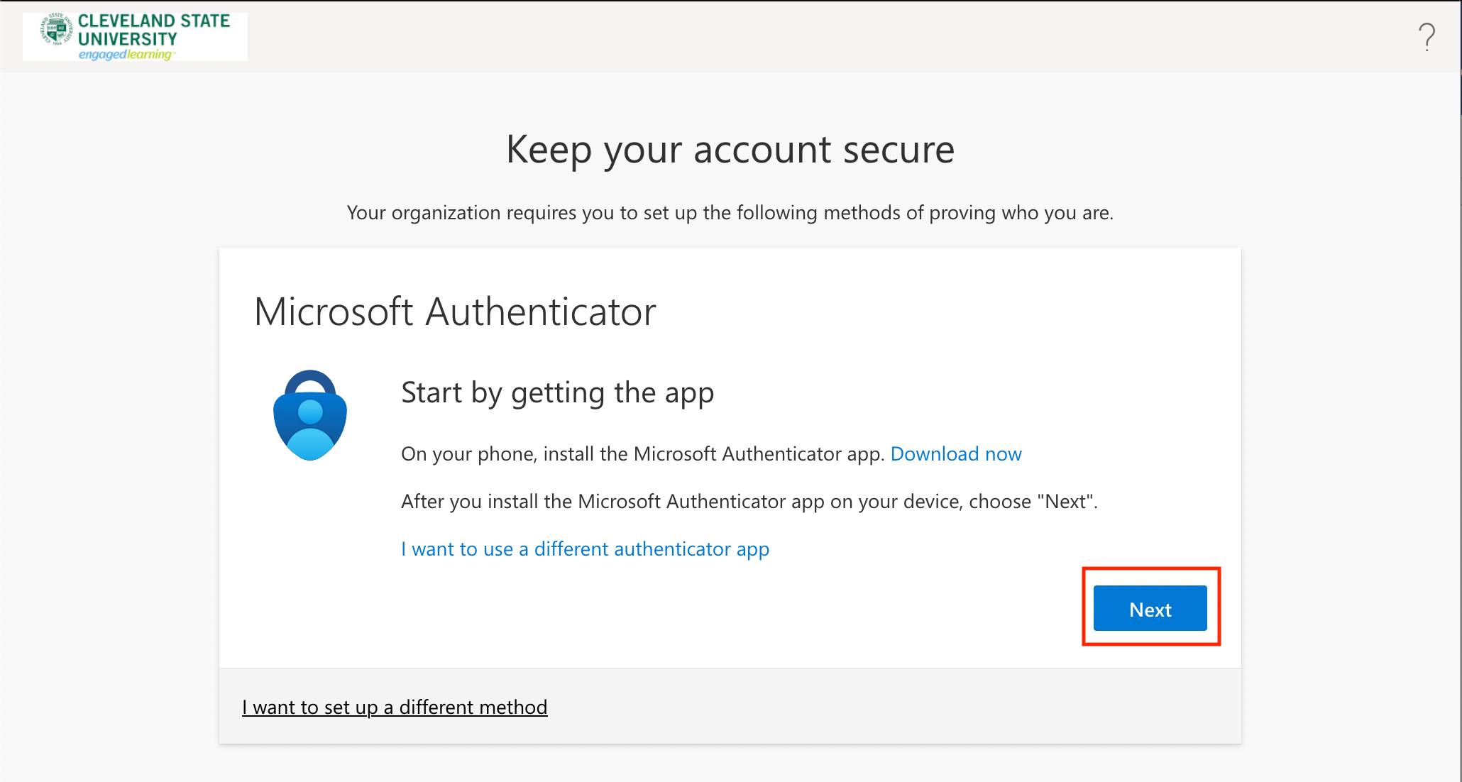 Screenshot of Microsoft MFA enrollment screen with the Next button emphasized