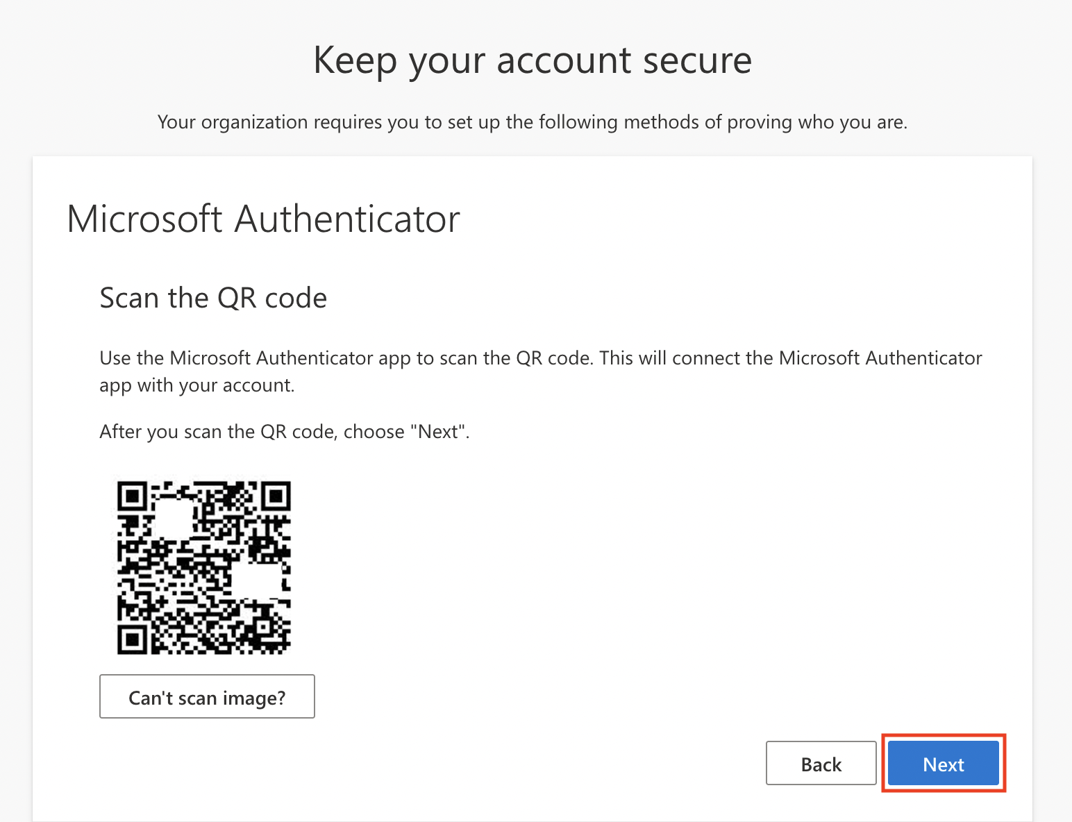 Screenshot of Microsoft MFA enrollment screen prompting the user to scan the QR code on their mobile device with the Next button emphasized
