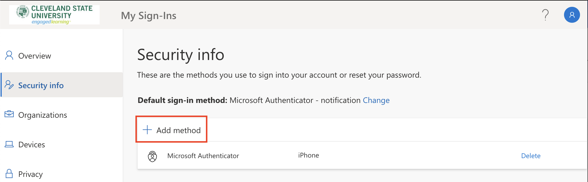 Screenshot of Microsoft MFA Security Info screen with the Add method button emphasized