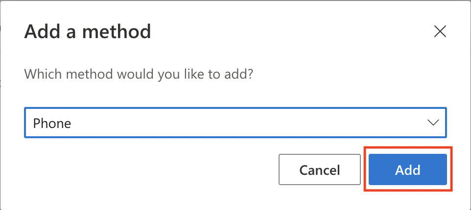 Screenshot of Microsoft MFA enrollment screen prompting the user to select the type of authentication method to add with the Add button emphasized