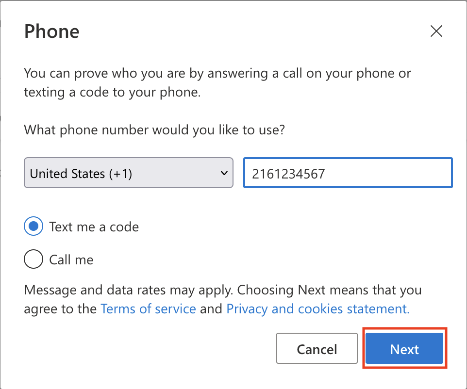 Screenshot of Microsoft MFA enrollment screen prompting the user to enter their phone number with the Next button emphasized