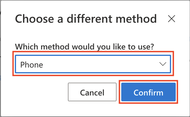 Screenshot of Microsoft MFA enrollment screen prompting the user for the method they'd like to use with Phone selected and the Confirm button emphasized