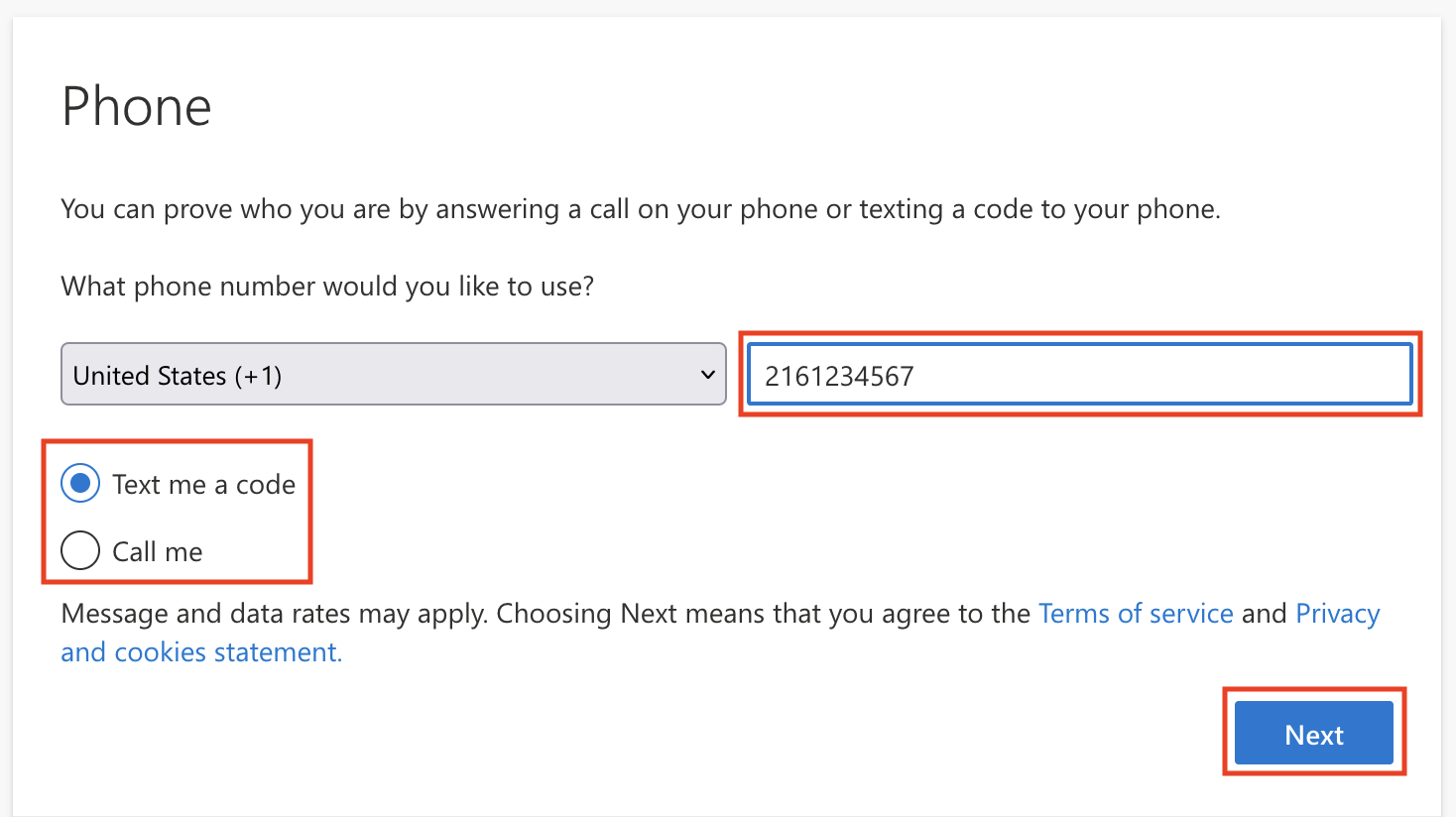Screenshot of Microsoft MFA enrollment screen prompting the user for their phone number and choice of text message or phone call with the Next button emphasized