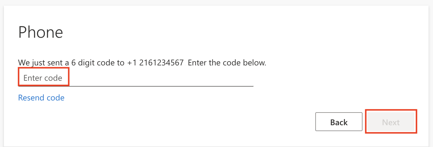 Screenshot of Microsoft MFA enrollment screen prompting the user to enter the code they received via text message with the Next button emphasized