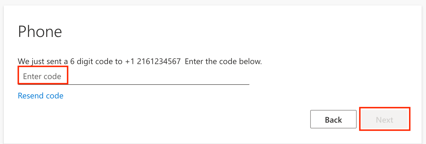 Screenshot of Microsoft MFA enrollment screen prompting the user to enter the code they received via text message with the Next button emphasized