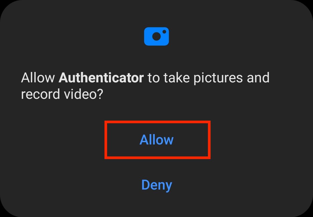 Screenshot of Microsoft Authenticator app for Android prompting for camera permissions with the Allow button emphasized
