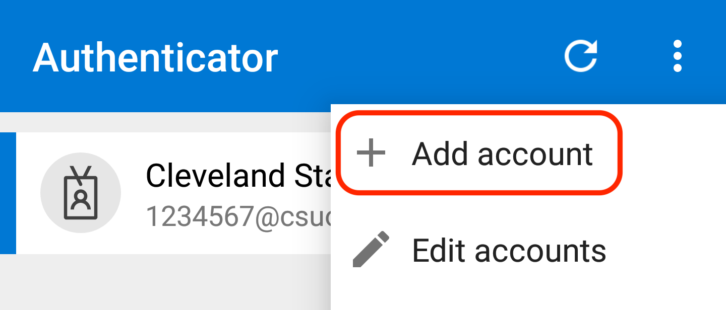 Screenshot of Microsoft Authenticator app for Android with the Add Account button emphasized
