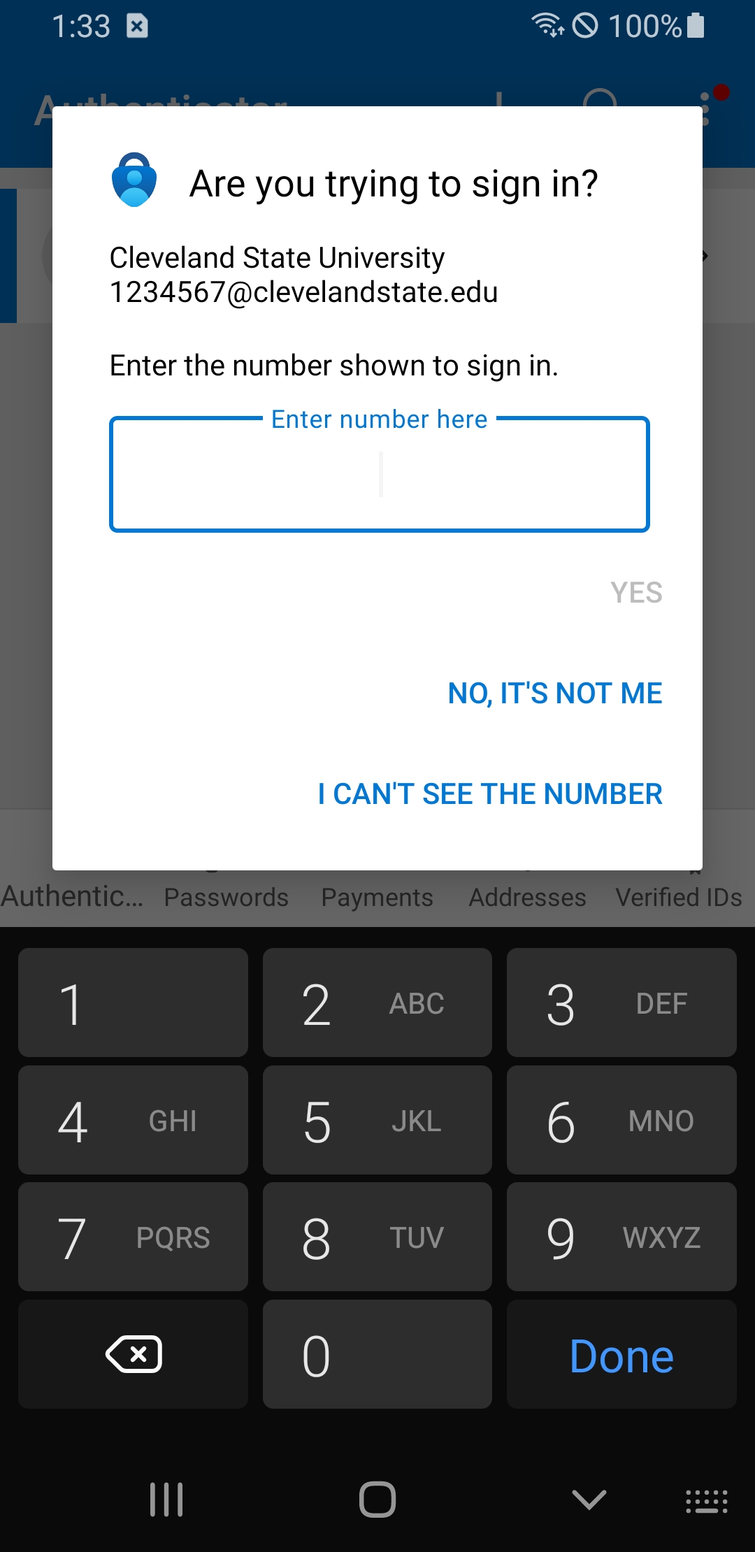 Screenshot of Microsoft Authenticator for Android prompting for approval for multifactor authentication Allow button emphasized