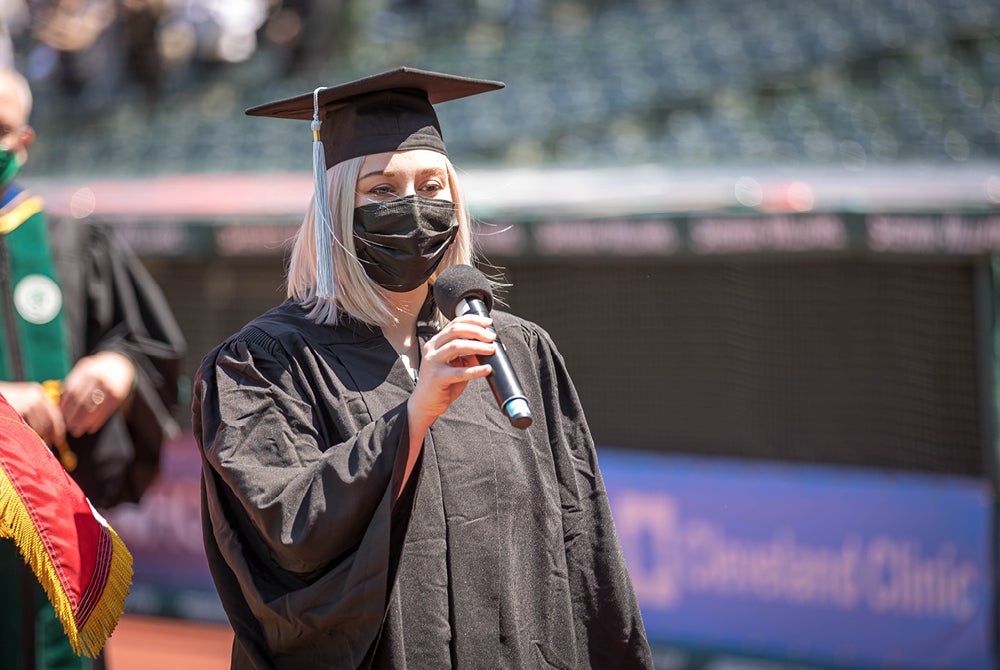 Student at Spring 2021 Commencement giving a speech 