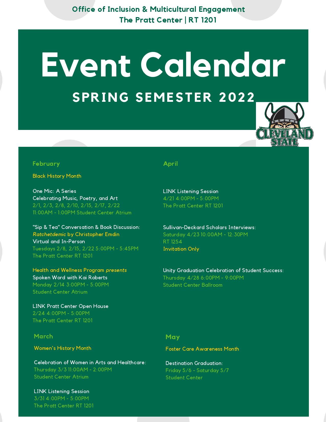 Pratt Academic Calendar Spring 2022 The Pratt Center | Cleveland State University