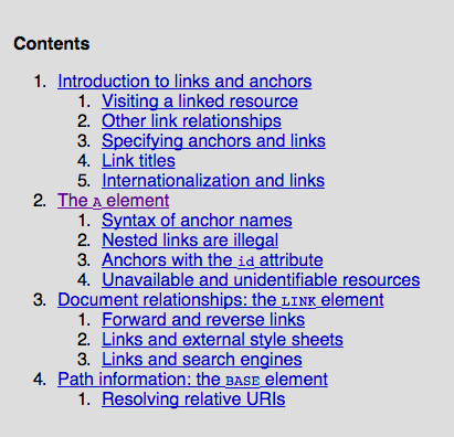The navigation system from the W3C page describing links