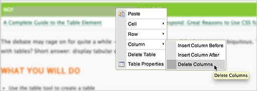 Change or delete the table using the contextual menu