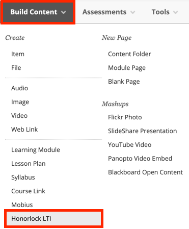 Build Content -> Honorlock LTI