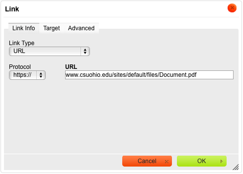 The Link dialog box is used to assign the URL to the link text and configure other link features.