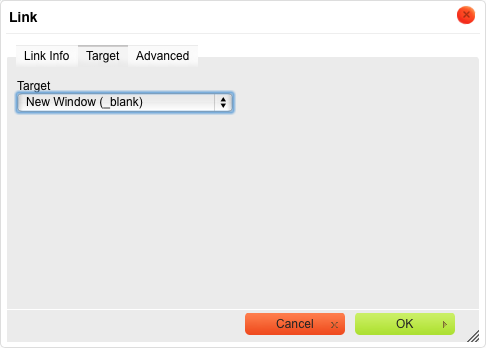 To change the way a link is opened, click on the Target tab in the Link dialog box.