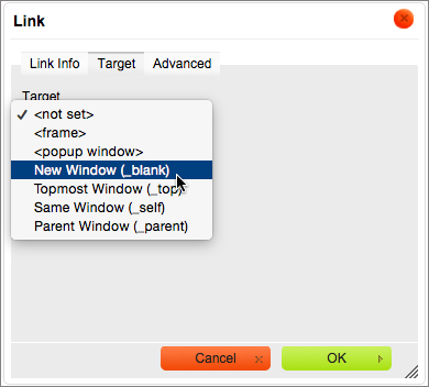 Selecting blank window opens the link in a new browser window