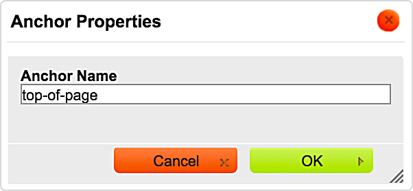 The anchor properties box allows you to name an anchor tag