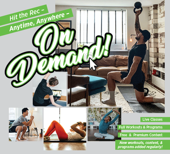 collage of people working out at home with "CSU Rec On Demand" overlayed