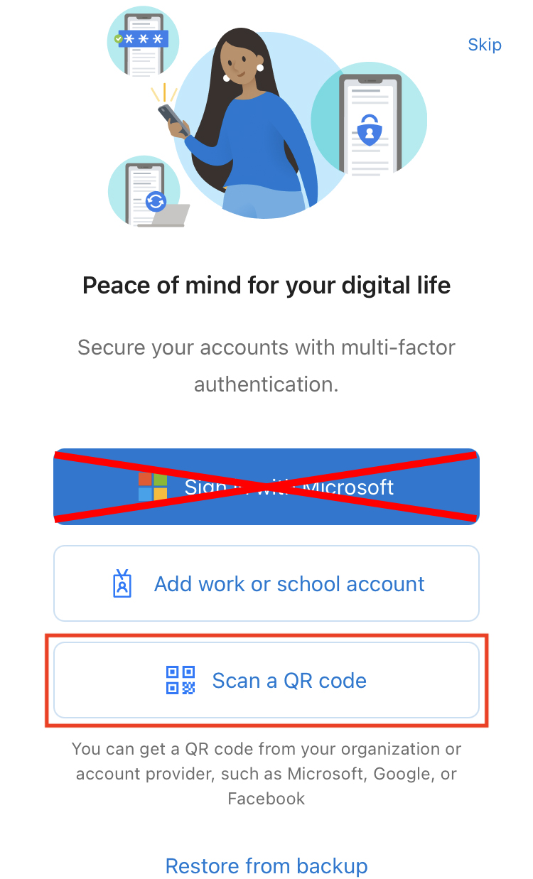 Screenshot of Microsoft Authenticator app prompting for authentication with the Scan a QR code button emphasized
