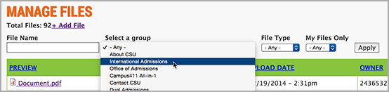 The Manage Files area filtering menu system