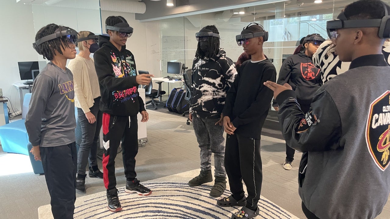 Students wearing VR headsets