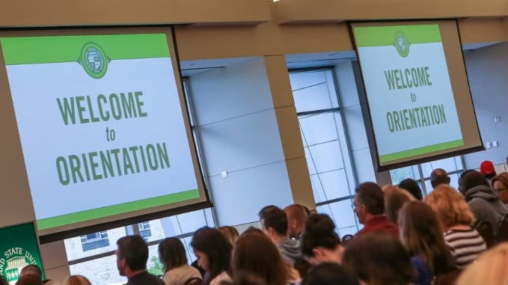 Students gather in the ballroom for Orientation