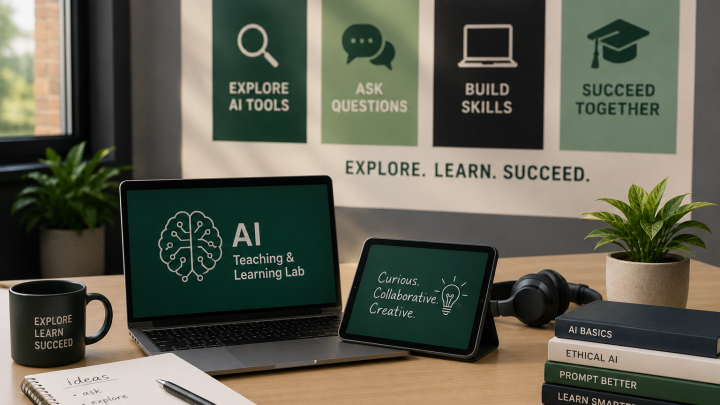 AI-themed study workspace with a laptop, tablet, notebook, headphones, and educational materials focused on digital learning and AI skills.