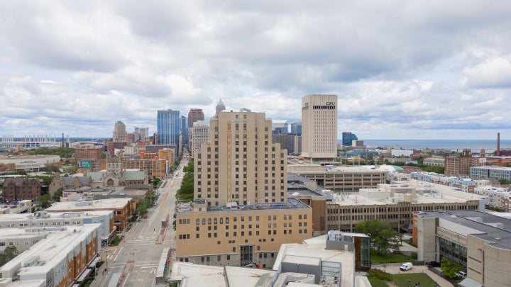 Drone footage of skyline Cleveland, Ohio