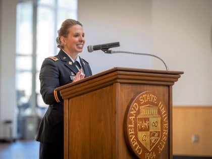 guest speakers at the “Honoring Women Who Served” event in the Student Center Atrium. Attendees heard the experiences of women veterans during this special observance, which began with the traditional flag placement by military color guard and trumpet reg