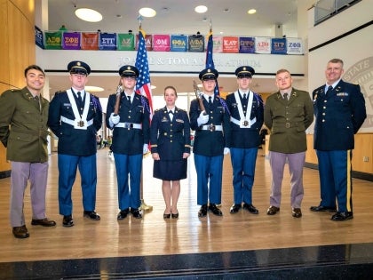 guest speakers at the “Honoring Women Who Served” event in the Student Center Atrium. Attendees heard the experiences of women veterans during this special observance, which began with the traditional flag placement by military color guard and trumpet reg