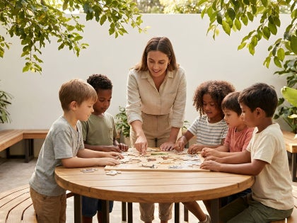 teacher at a table with young students