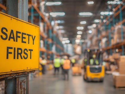 a factory floor with people working and a safety first sign